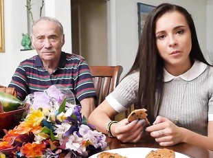Brunette teen beauty fuck with grandpa and takes cum in mouth